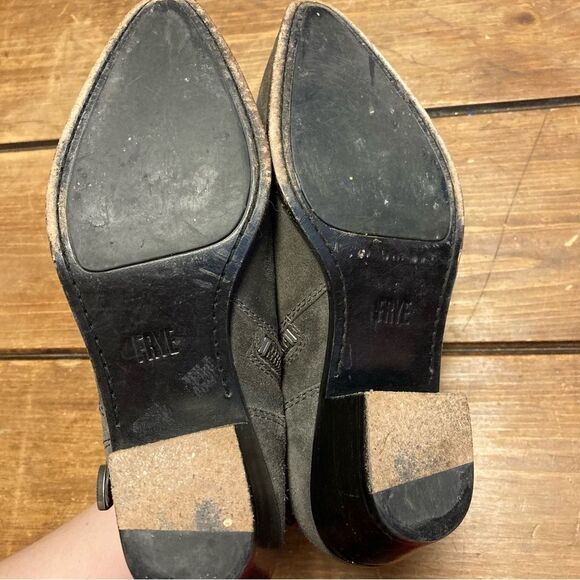 Frye Ellen Buckle Short Booties Gray Suede Leather Size 7 Harness - Picture 9 of 10